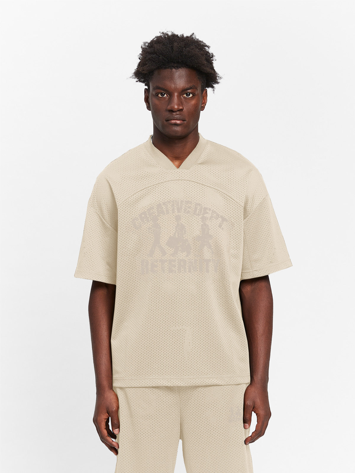 CREATIVE DEPT LOGO MESH T-SHIRT - CREAM