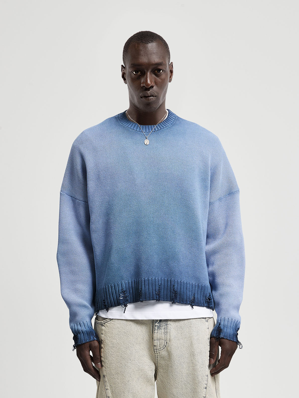 OIL WASHED KNIT SWEATER - BLUE