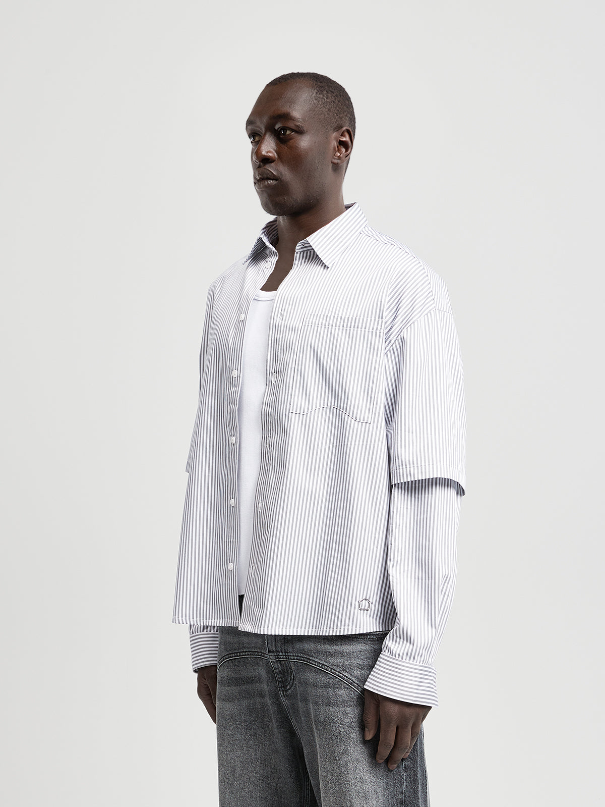 DOUBLE SLEEVE BUTTON SHIRT - WHITE/GREY