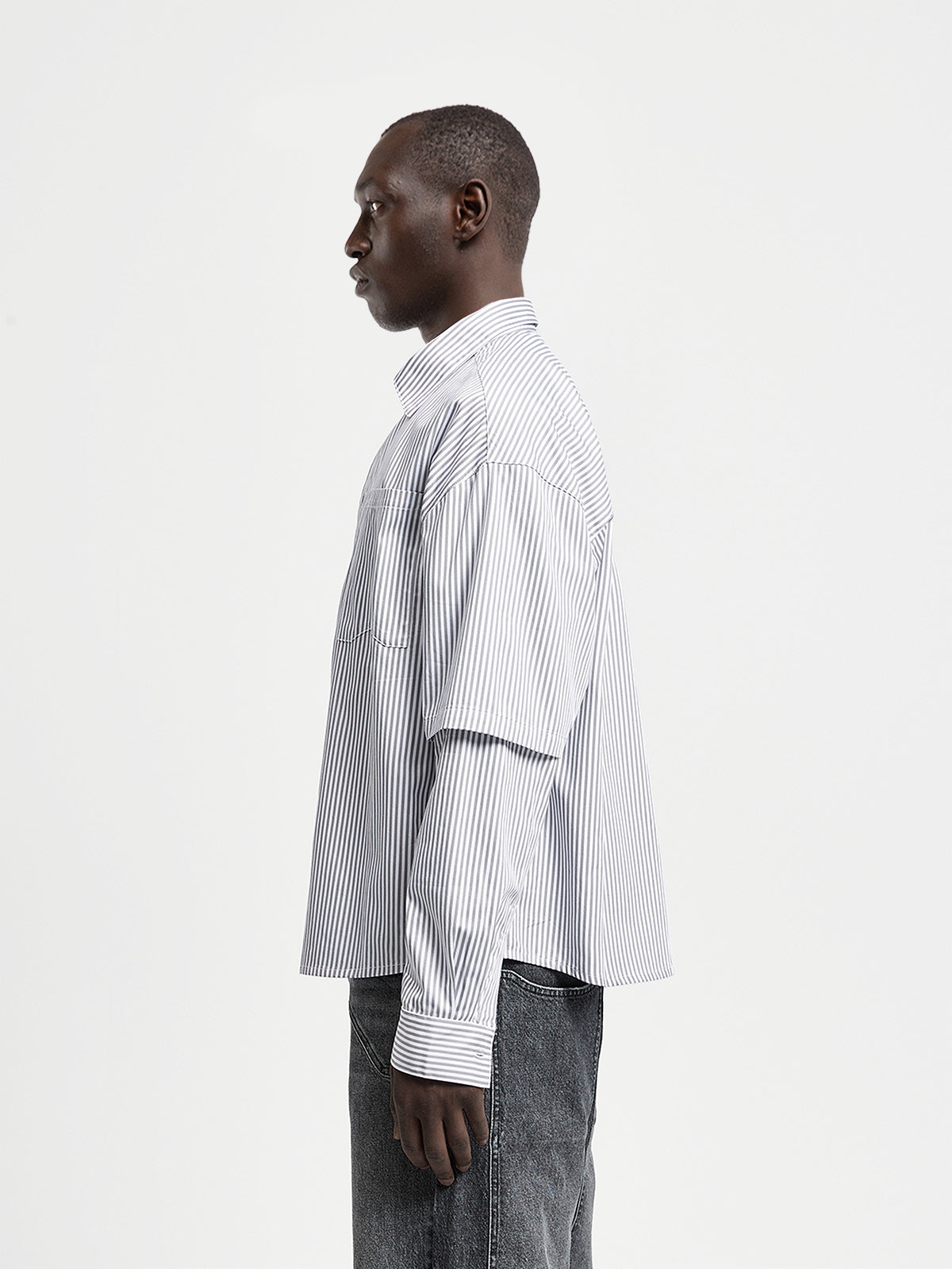 DOUBLE SLEEVE BUTTON SHIRT - WHITE/GREY