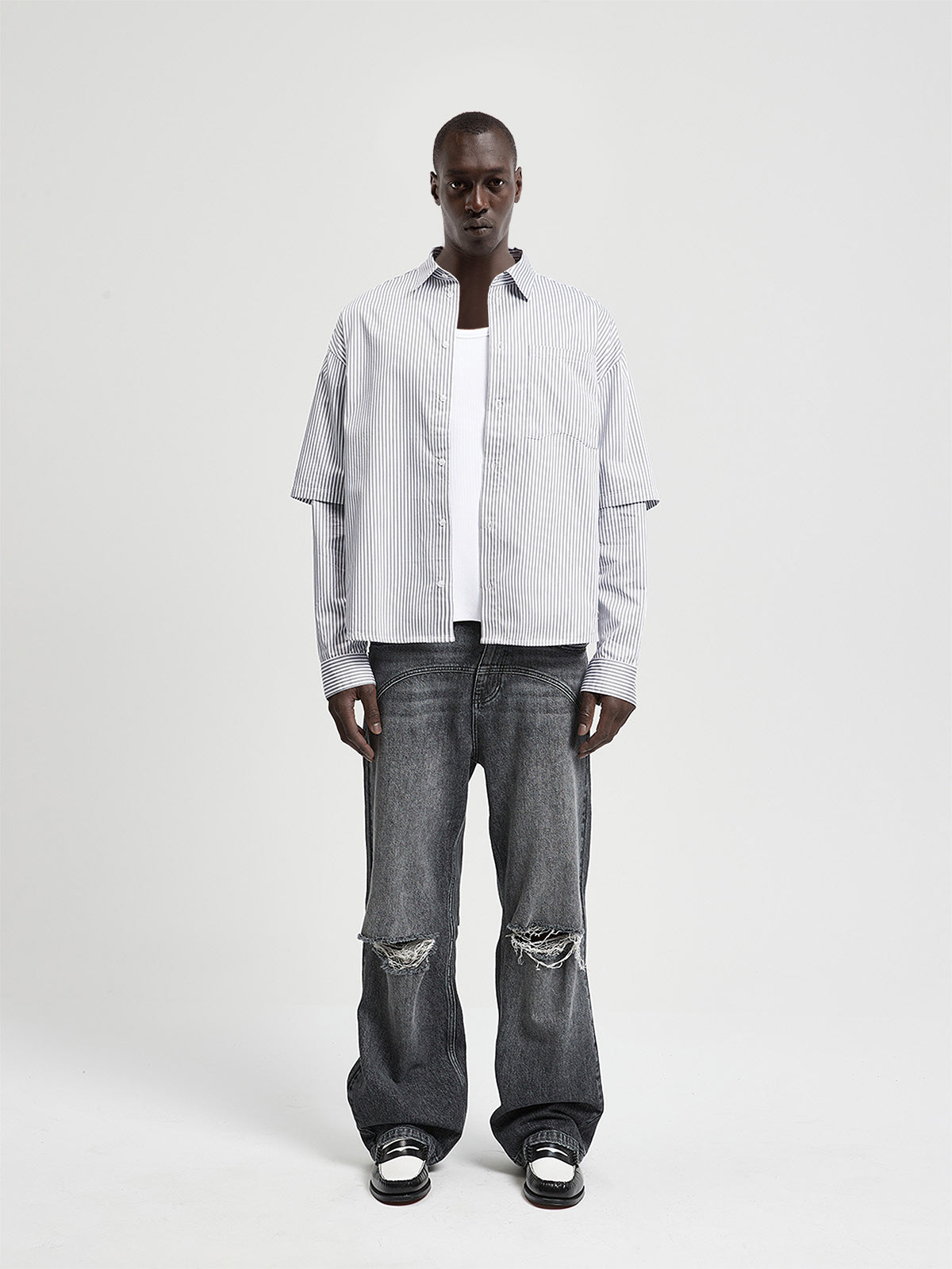DOUBLE SLEEVE BUTTON SHIRT - WHITE/GREY