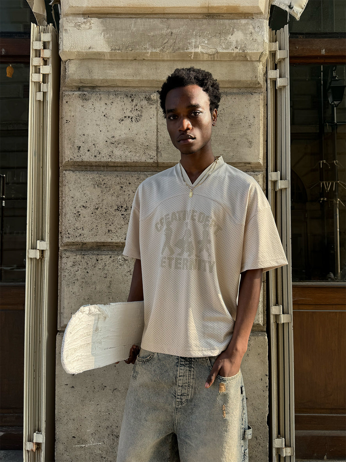 CREATIVE DEPT LOGO MESH T-SHIRT - CREAM