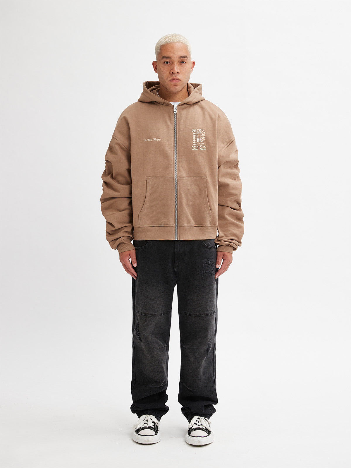 ZIP HOODIE WITH RIB POCKET - BROWN