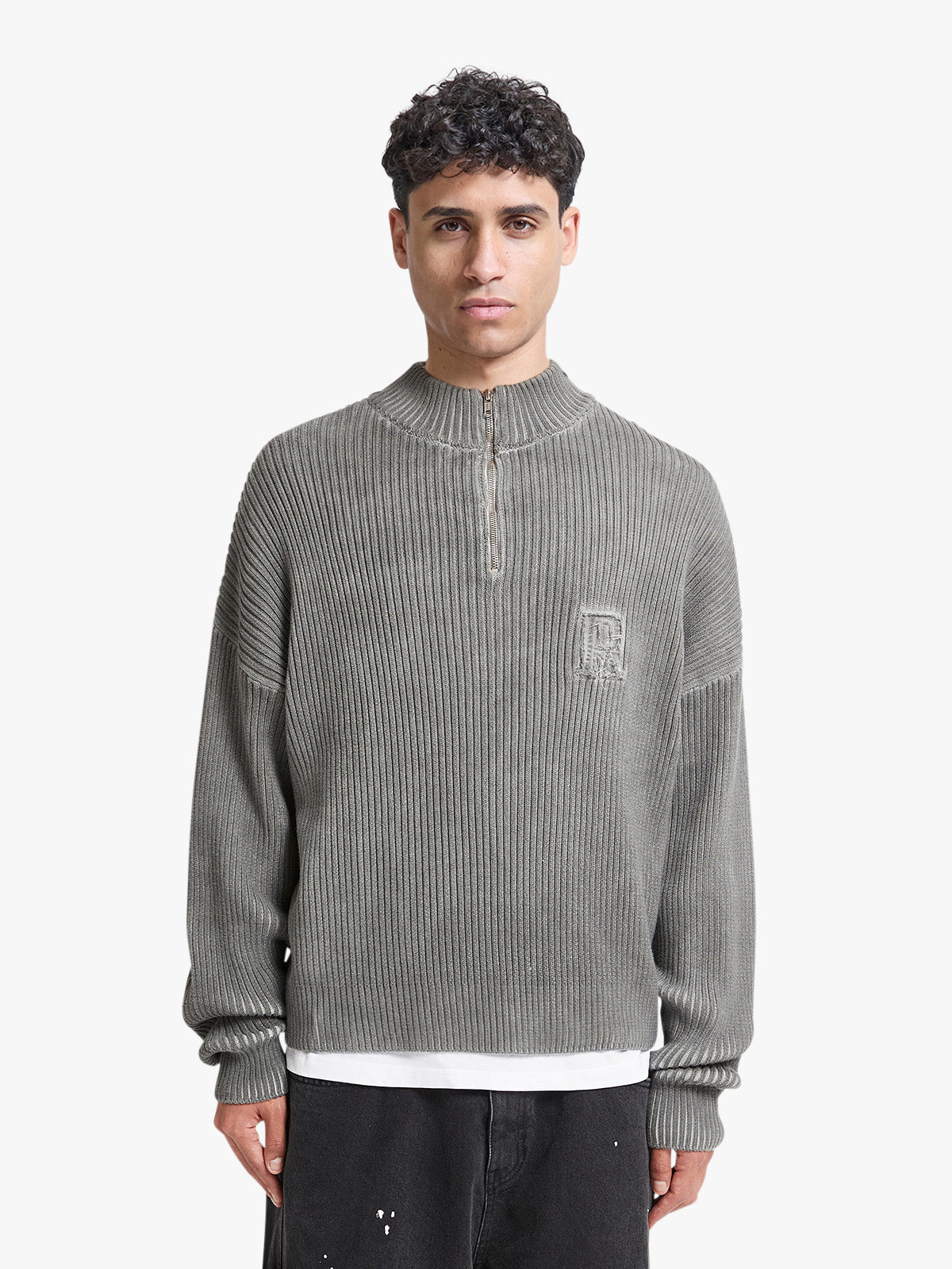 WASHED KNIT HALF ZIP - GREY