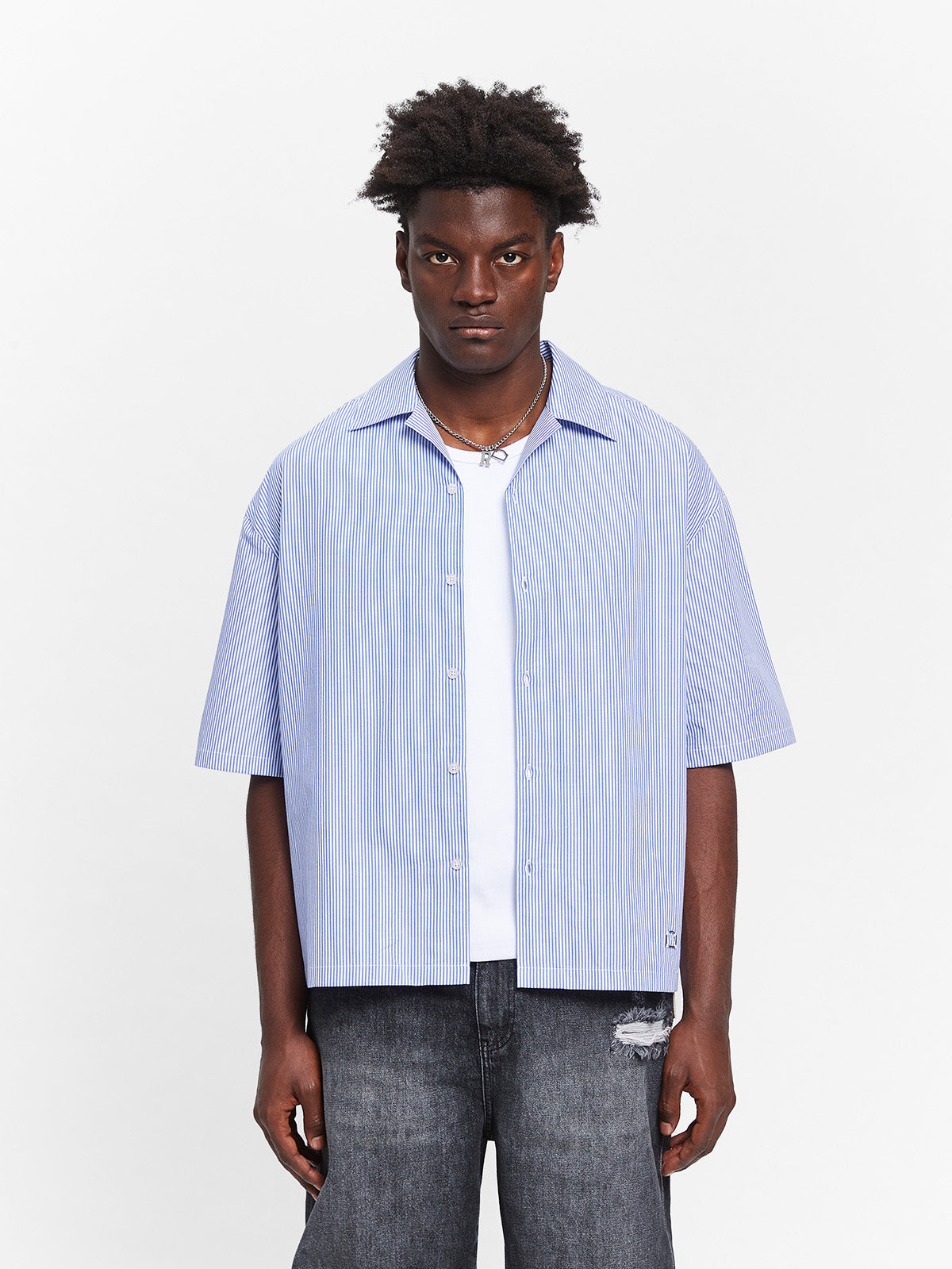 CONSTRUCTION BUTTON SHIRT - BLUE/WHITE