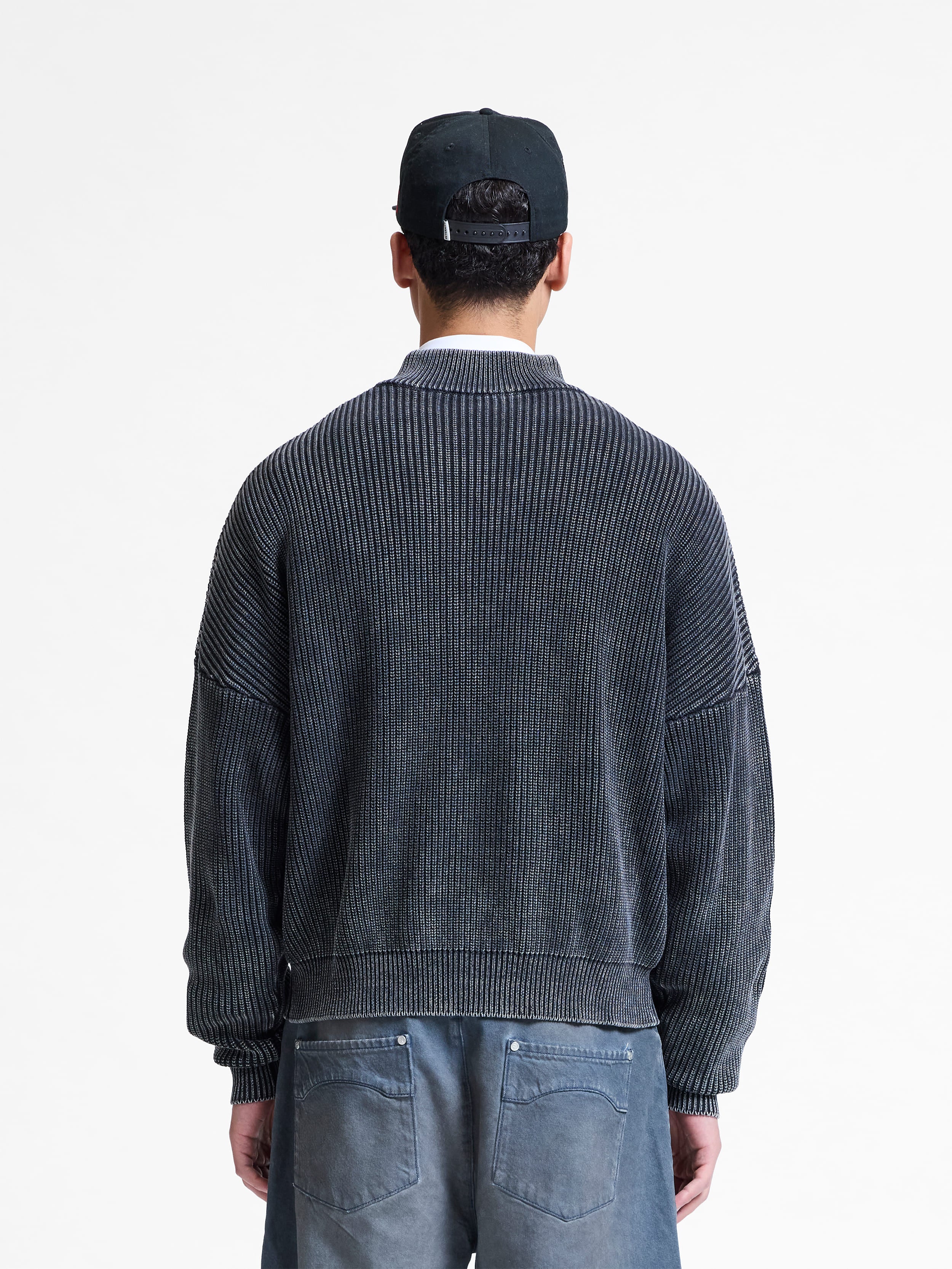 WASHED KNIT HALF ZIP - ACID BLACK