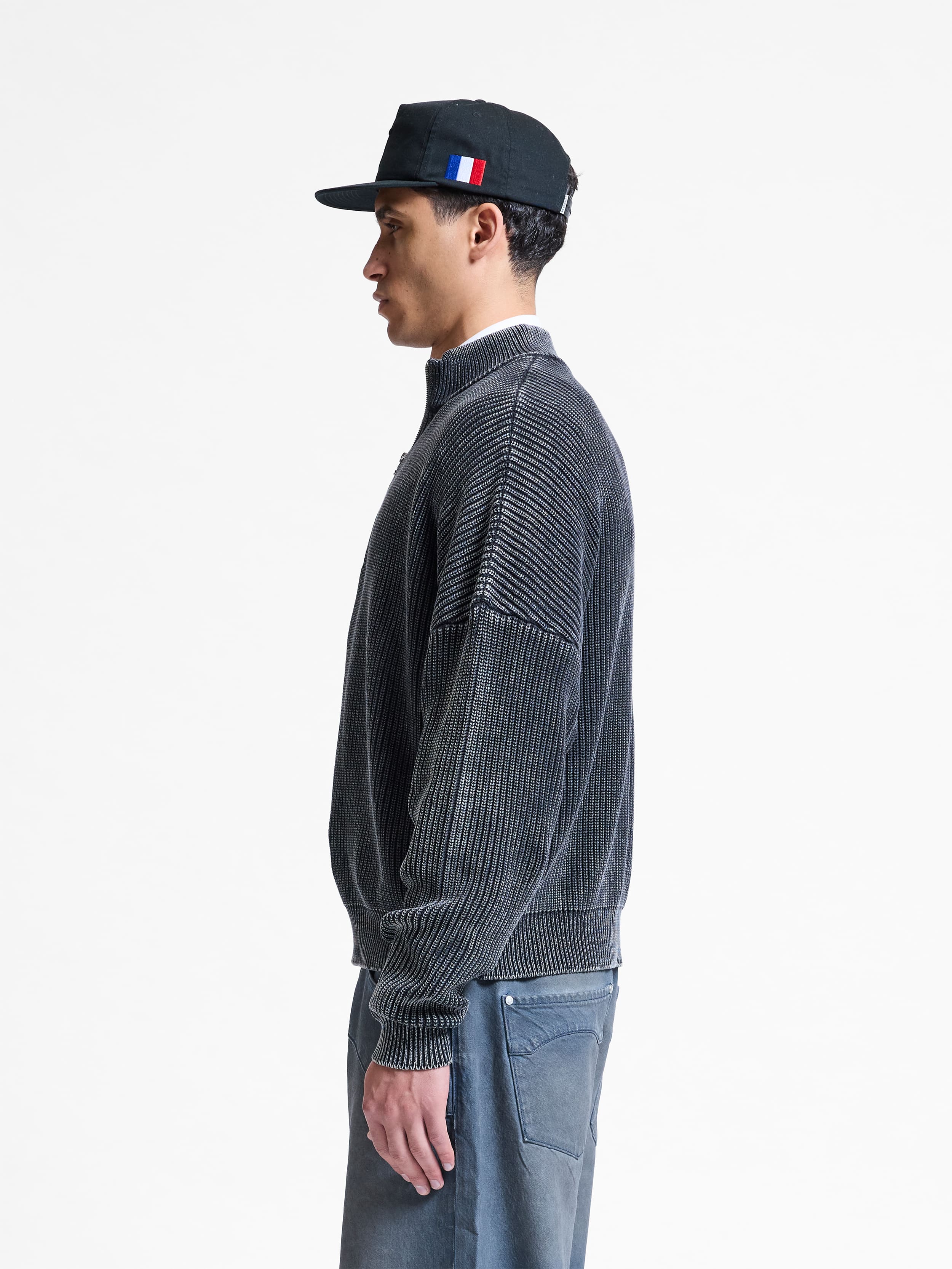 WASHED KNIT HALF ZIP - ACID BLACK