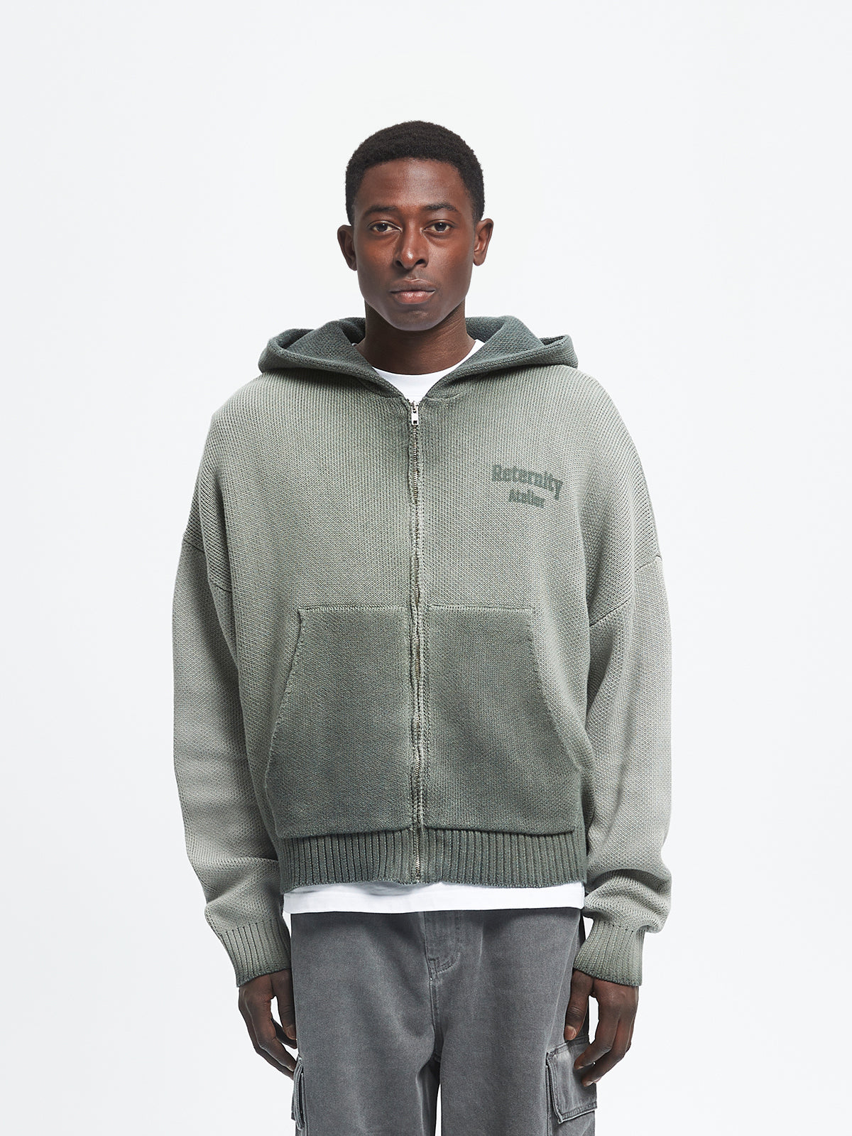 OIL WASHED KNIT ZIP HOODIE - KHAKI