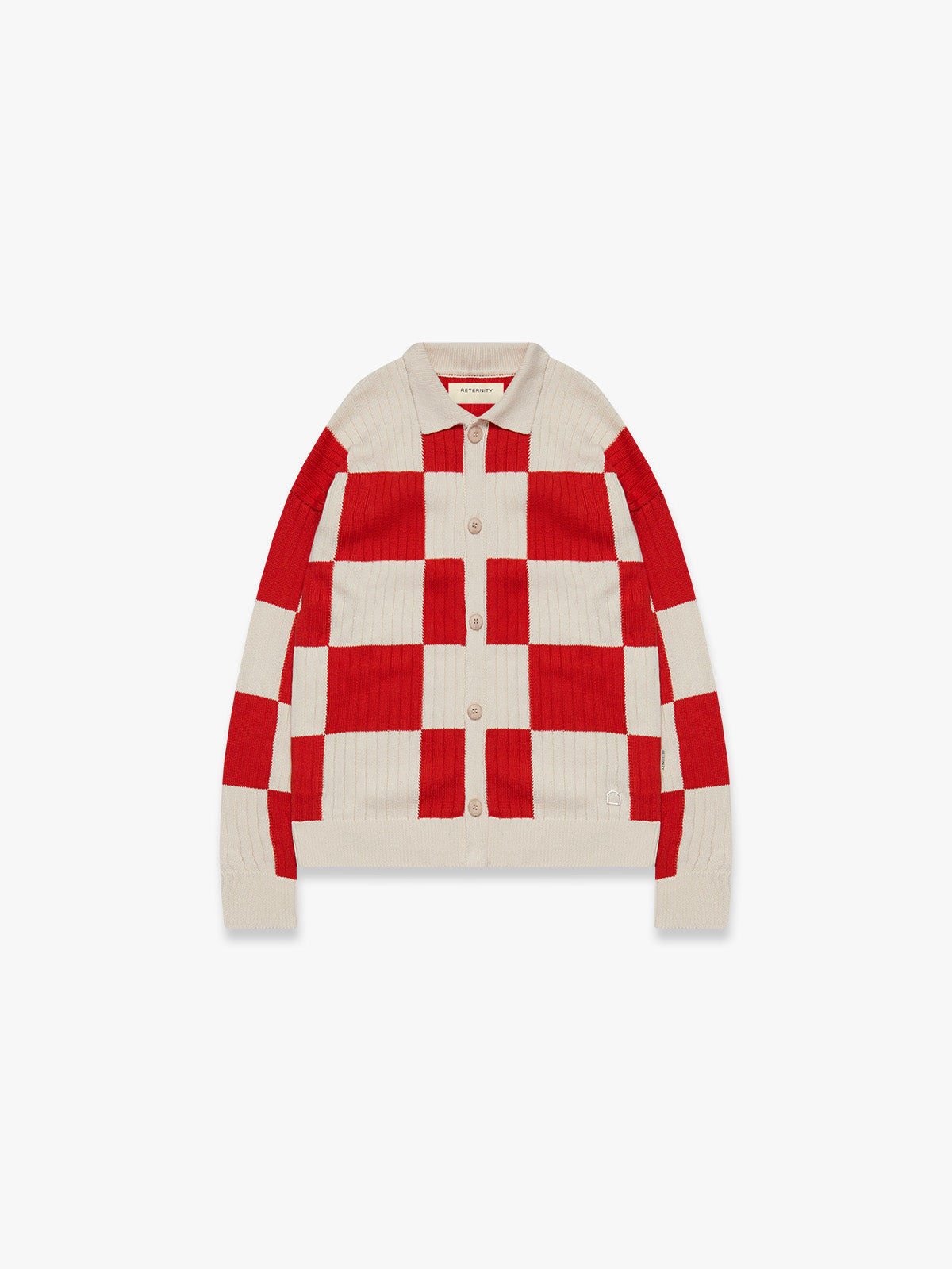 KNIT BUTTON JACKET - CREAM/RED