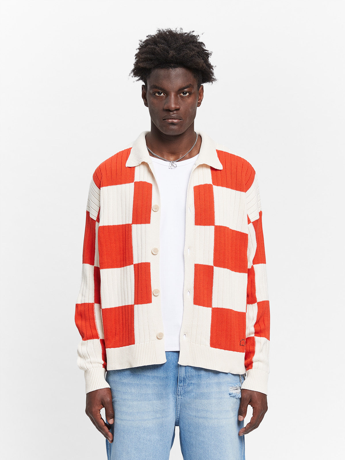 KNIT BUTTON JACKET - CREAM/RED