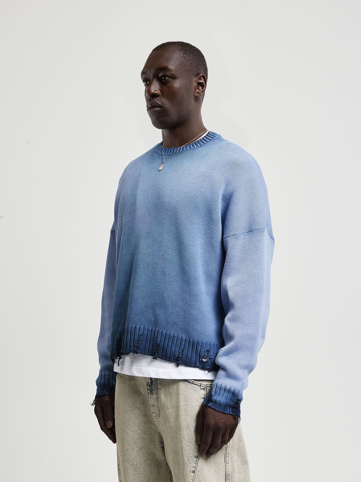OIL WASHED KNIT SWEATER - BLUE