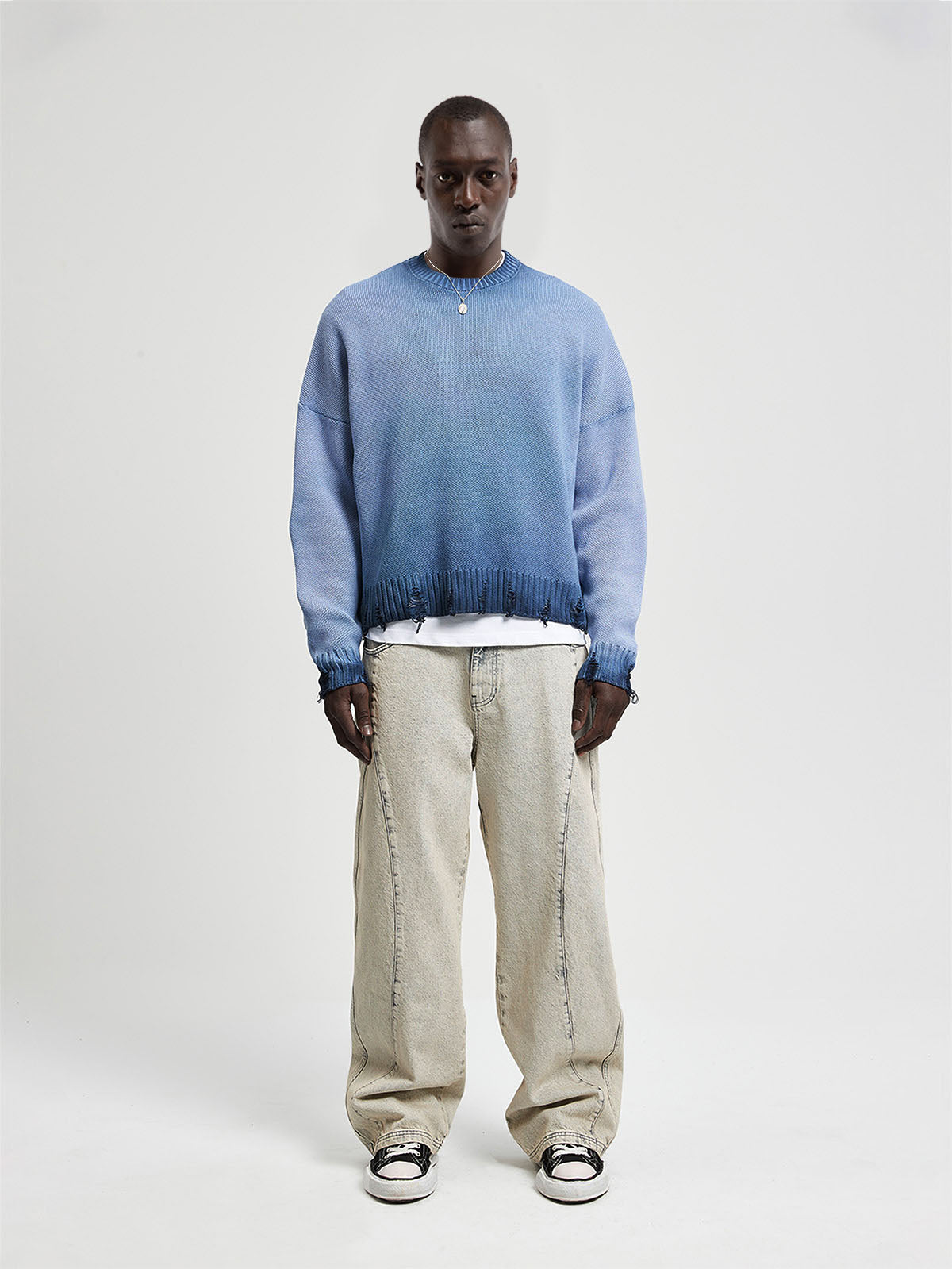 OIL WASHED KNIT SWEATER - BLUE