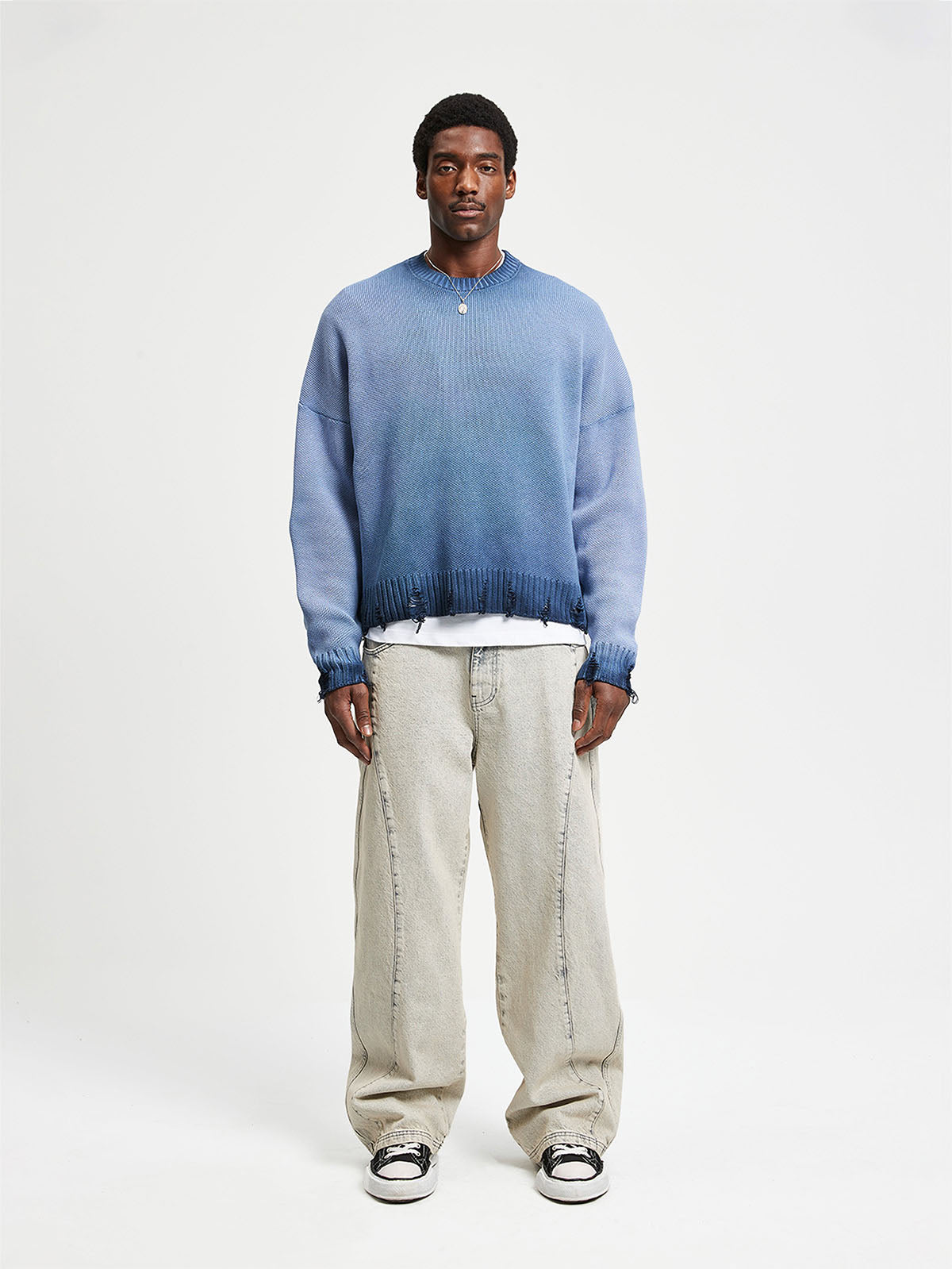 OIL WASHED KNIT SWEATER - BLUE