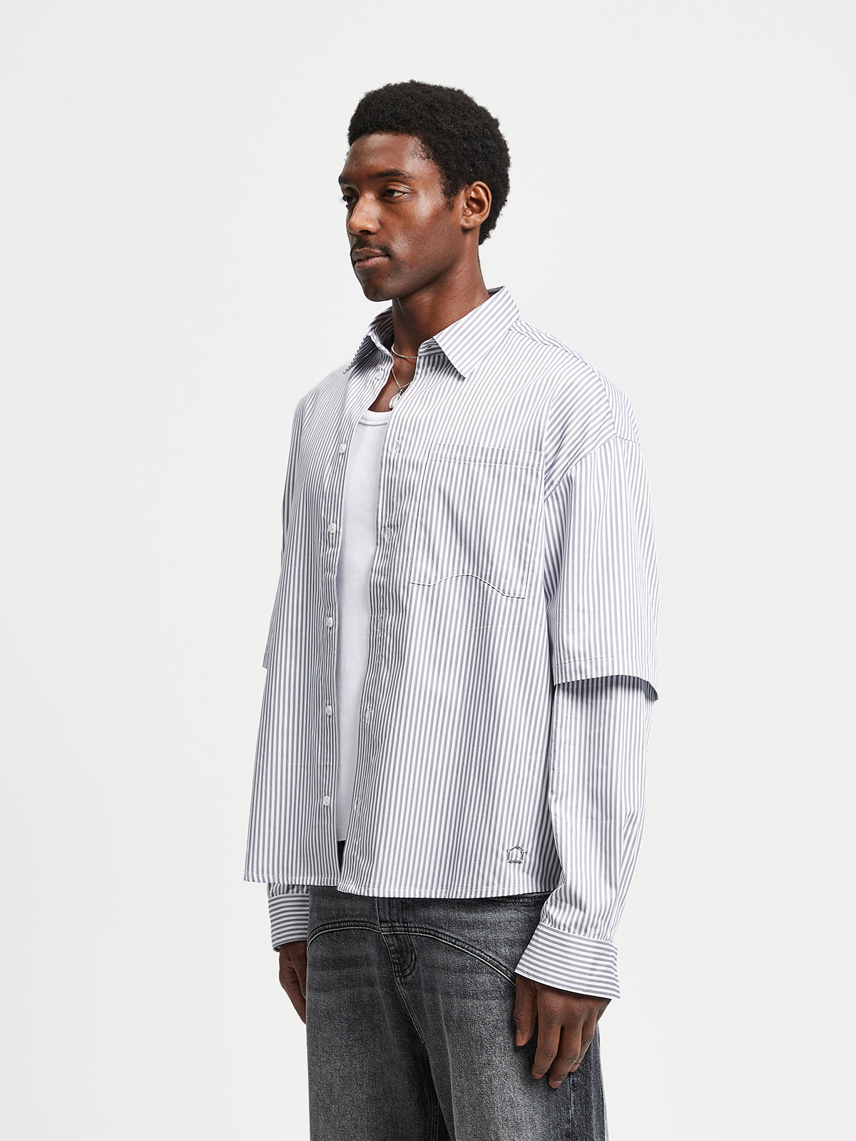 DOUBLE SLEEVE BUTTON SHIRT - WHITE/GREY