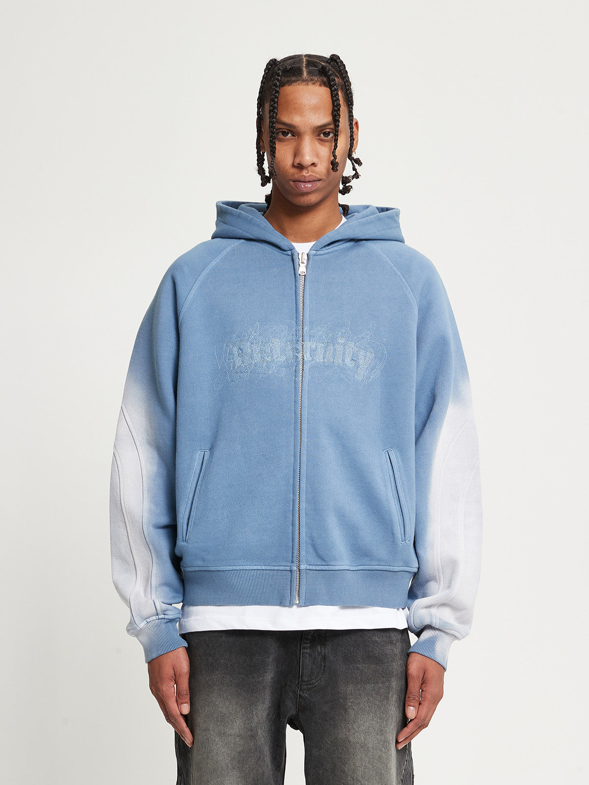 EMBROIDERED ZIP-HOODIE - FADED BLUE-GREY