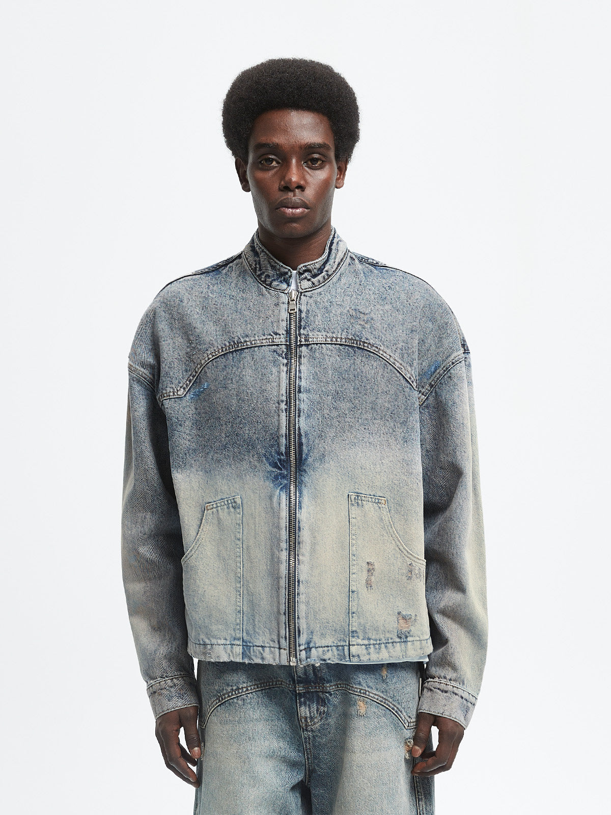 Washed blue denim jacket store